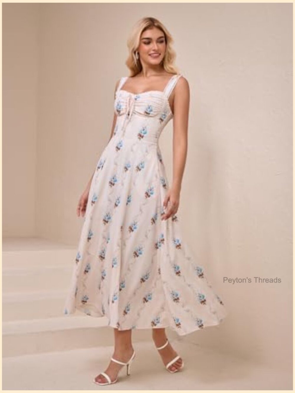 Lace Up Corset Midi Dress with Pockets Flowy A-Line Sweetheart Neckline - Picture 3 of 6